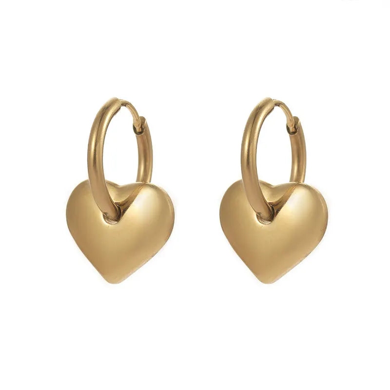 New Trendy Heart-shaped 18K Gold Plated Stainless Steel Pendant Hoop Earrings for Women Wedding Gift