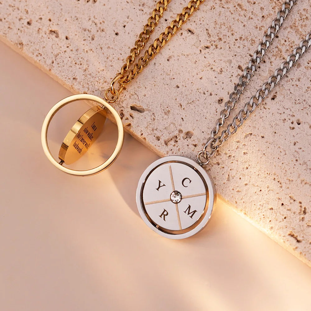 Cross-border Simple Style Letter Pendant Necklace Reversible Diamond-encrusted Compass Necklace Versatile Women Jewelry