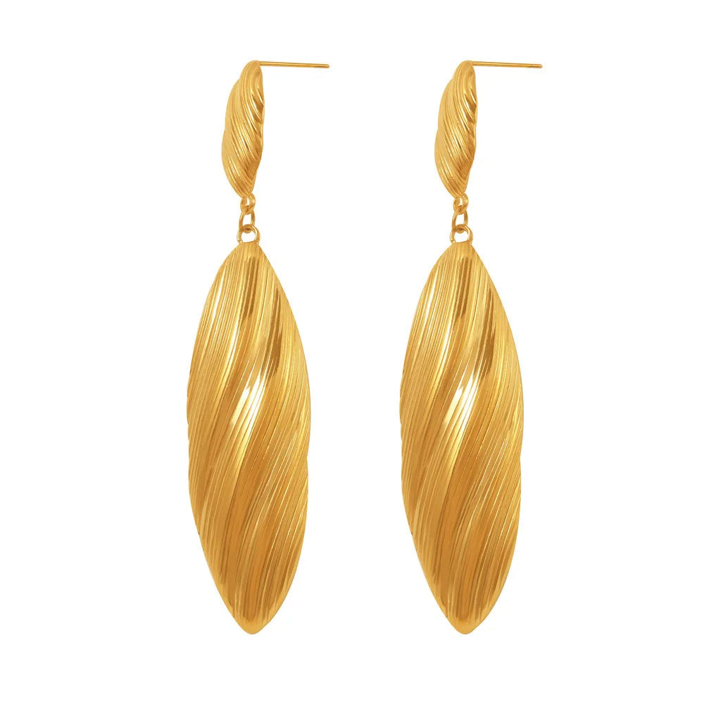 Vintage Stainless Steel Fashion Jewelry 18k Gold Plated Striped Long Shell Pendant Women Waterproof Earrings YF3999