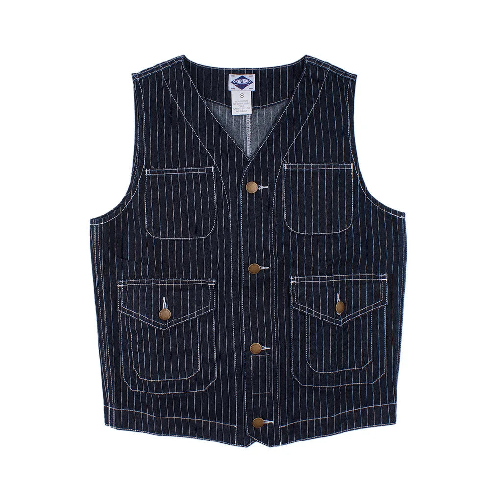 Men Vest Men's Suit Vest Classic V-Neck Striped Denim Fabric Cowboy Vest Jacket Formal Outerwear Autumn Cargo Vest
