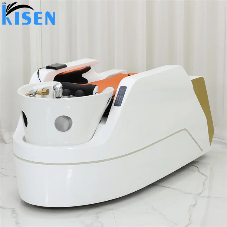 Modern Electric Massage Shampoo Bed Massage Automatic Leg Lifting Shampoo Chair White Led Light for Beauty Salon Barbershop