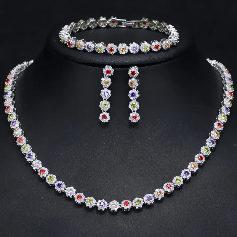 Spring Rainbow Colorful Cubic Zirconia Floral Flower Elegant Necklace Earring Bracelet Jewelry Sets for Women Wedding Bridal
