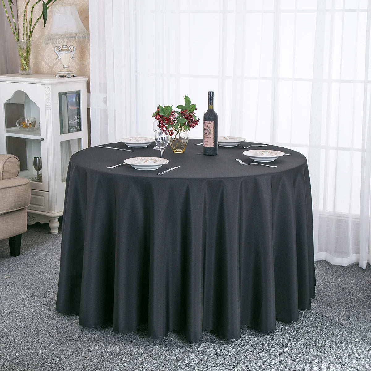 Black Hotel Round Tablecloth Plain Weave Polyester Table Sheet Cover for Wedding Banquet Party Table Decor Dinner Table Cloth