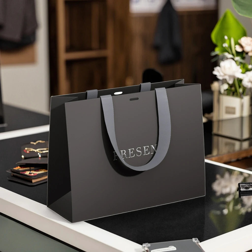 Custom Logo Luxury Ribbon Handle Black Kraft Paper Gift Bags Boutique Shopping Packaging for Exhibitions with Your Own Logo
