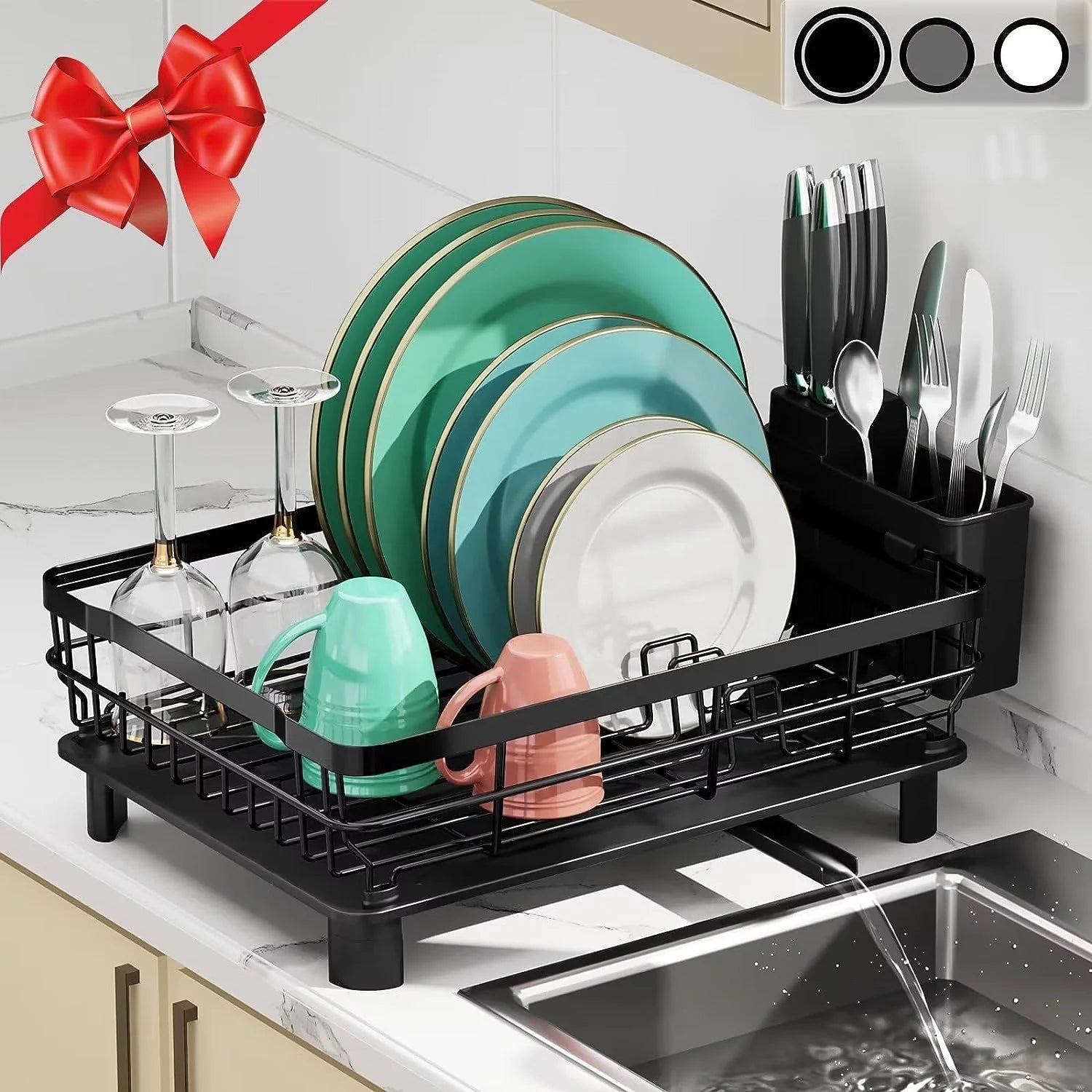 Compact and Portable Plastic Dish Rack With Cutlery Storage Drainage Spout and Anti-slip Base for Small Kitchens