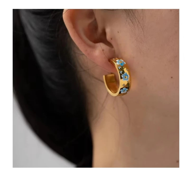 Bohemian Stainless Steel Jewelry Enamel Flower C-shaped Earrings Waterproof Gold Plated Hoop Earrings for Women