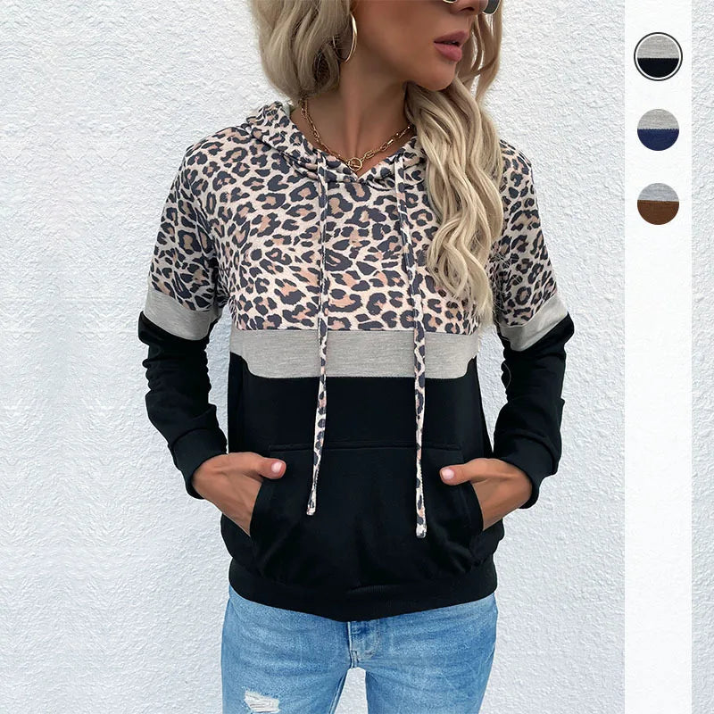 Hot Selling Leopard Print Tops Women's Casual Comfortable Warm Windproof Hoodie Spring Patchwork Hoodie