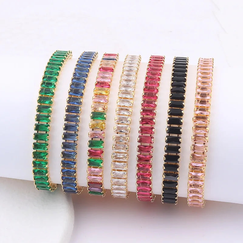 18k Gold Plated Dainty Colorful Cubic Zirconia Cz Tennis Bracelets 6mm Artificial Diamond Rainbow Bracelet Jewelry for Women Men