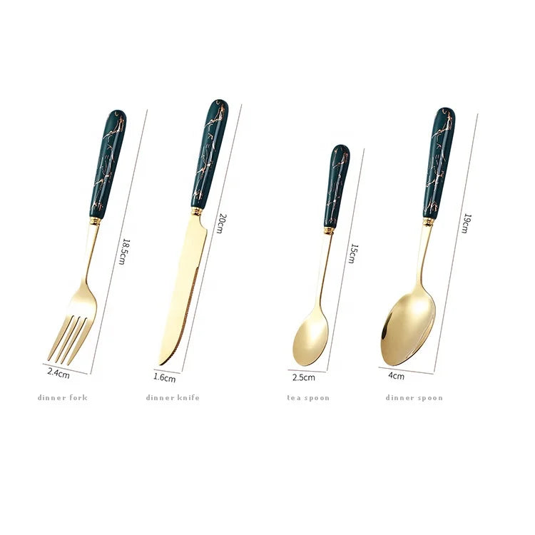 24Pcs Ceramic Handle Silverware Flatware Gold Head Stainless Steel Cutlery Set With Stand