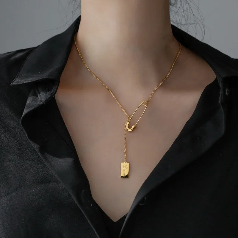 Minimalist Women Jewelry 18K Gold Plated Stainless Steel Necklace Creative Long Square Letter Love Pin Pendant Necklace