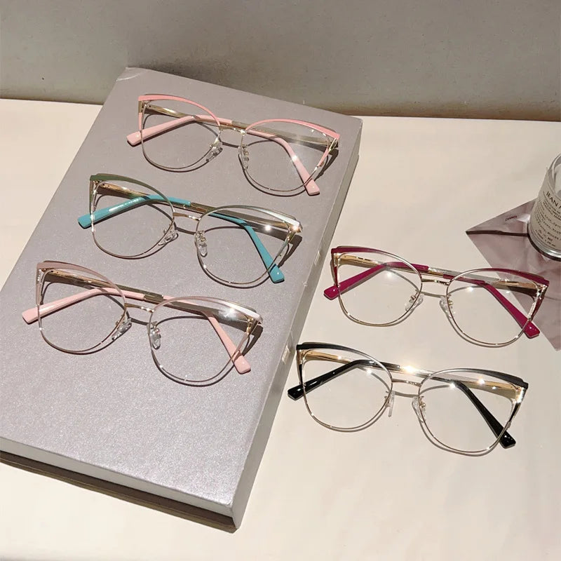 Qsky Business Office cat Eye Metal Eyeglasses Frames Blue Light Blocking Glasses High End Designer Eyeglasses Frames for Women
