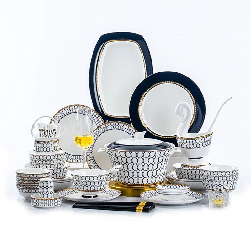 Nordic Italian White Ceramic Dinnerware Set 60pcs with Gold Rim Plant Pattern Porcelain Plate Sustainable Hotel Dining Set