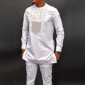 2025 African Men's Suit Set Formal Shirt and Tracksuit Pants 2-Piece Set White Wending Trend Casual Simple Long Sleeves Suit