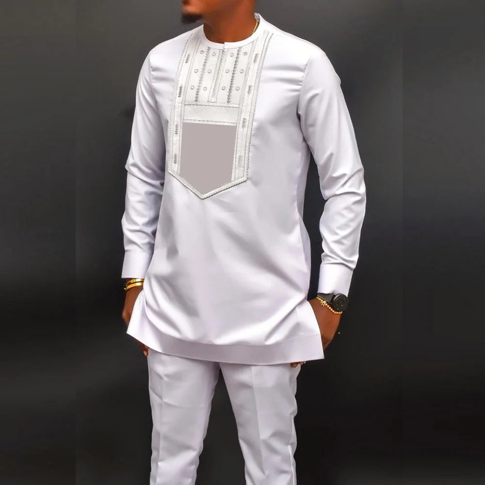 2025 African Men's Suit Set Formal Shirt and Tracksuit Pants 2-Piece Set White Wending Trend Casual Simple Long Sleeves Suit