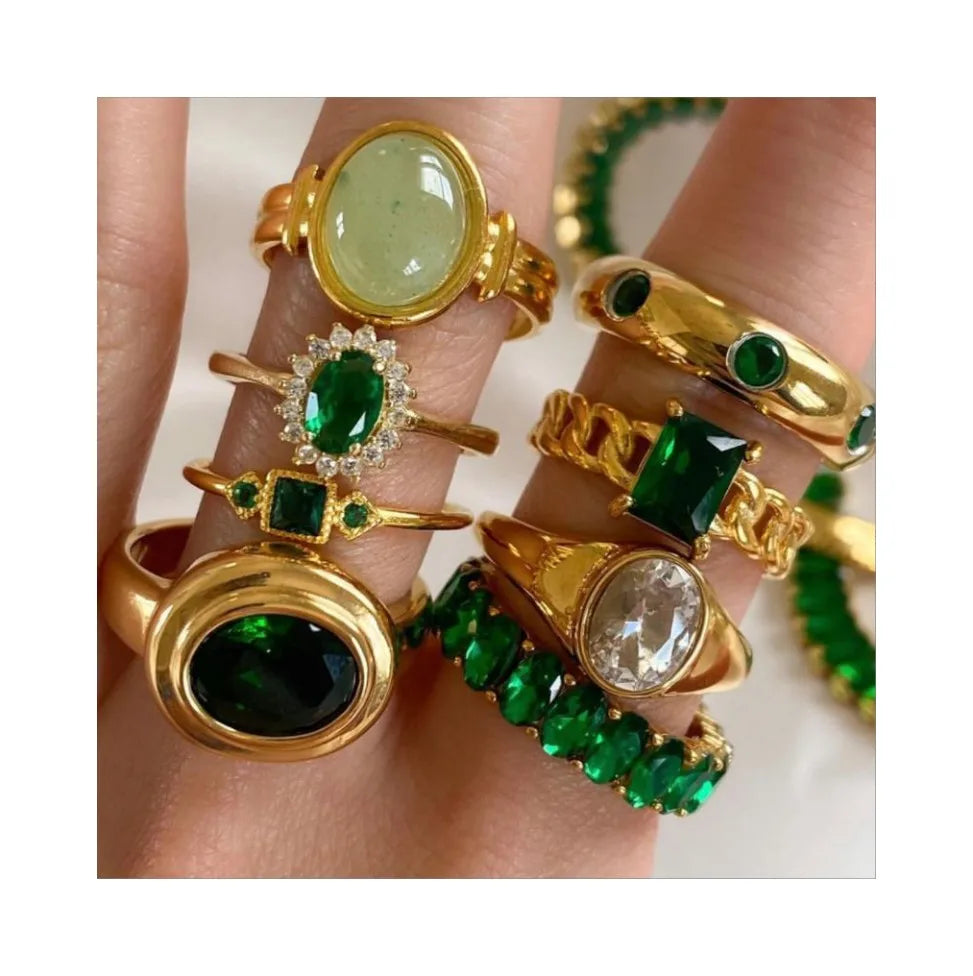 Fashion Rings 18K Gold Stainless Steel Inlaid Green Zircon Rings Ladies Fashion All-match Rings Waterproof Not Fade