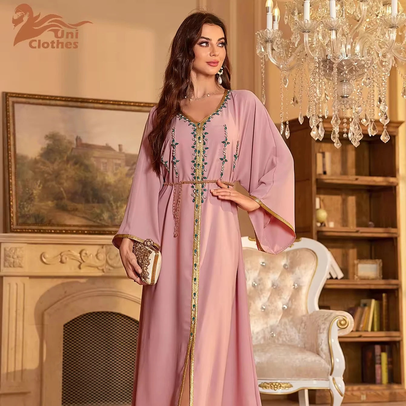 New Arrivals Caftan Marocain Luxury Designs Women Fashion v Neck Maxi Dress Elegance