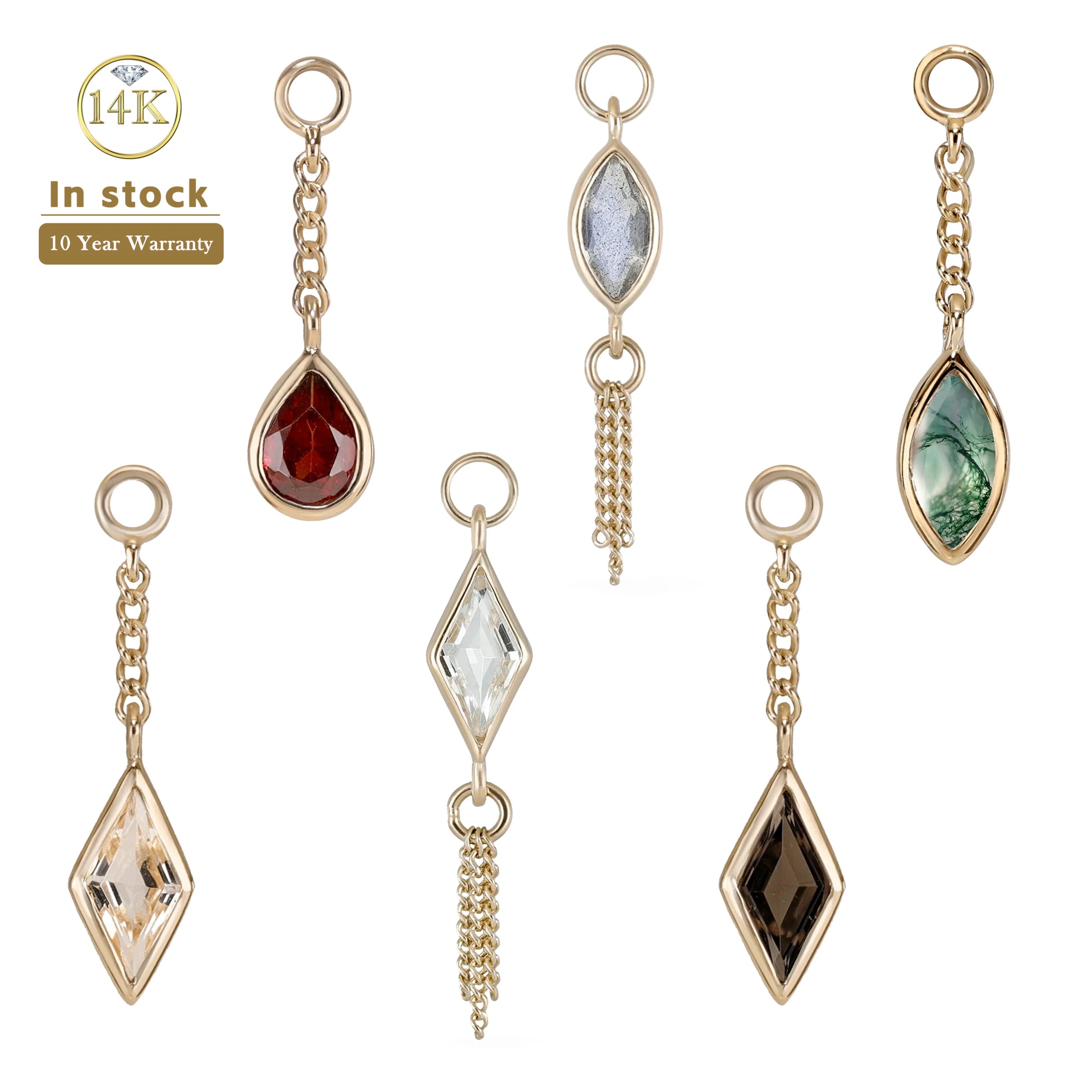 Lotus Wholesale 9k 10k 14k 18k Solid Real Yellow Gold Rhombus Gemstone Tassel Chain Pendants & Charms for Earring Jewelry