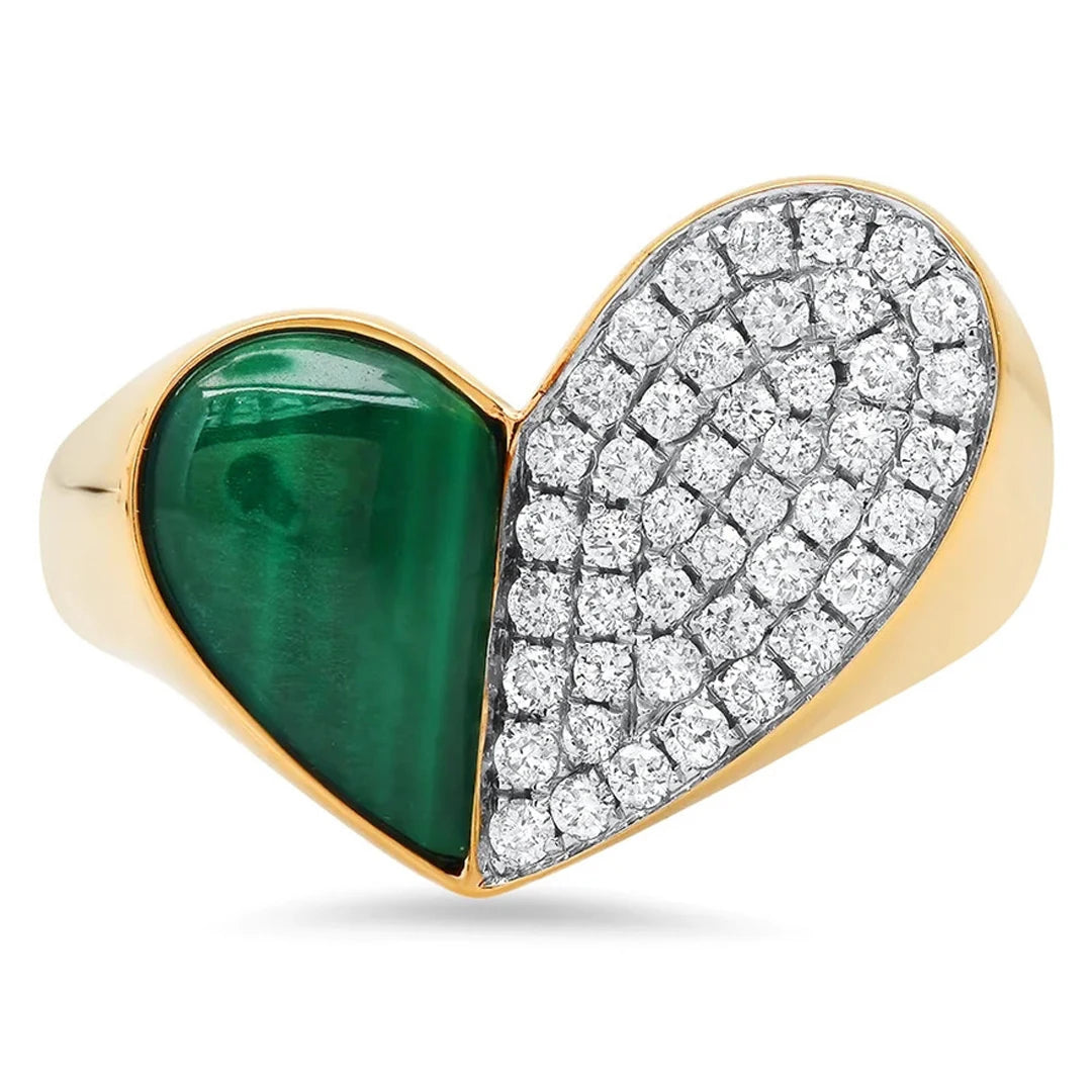 Vintage Fashion Brass Plating 18k Gold Inlaid Zirconia Malachite Three-Dimensional Heart Rings Jewelry Factory Wholesale