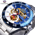 Forsining Luxury Automatic Stainless Steel Skeleton Watch for Men Blue Dial Waterproof Casual Male Clock Oval Case Pointer