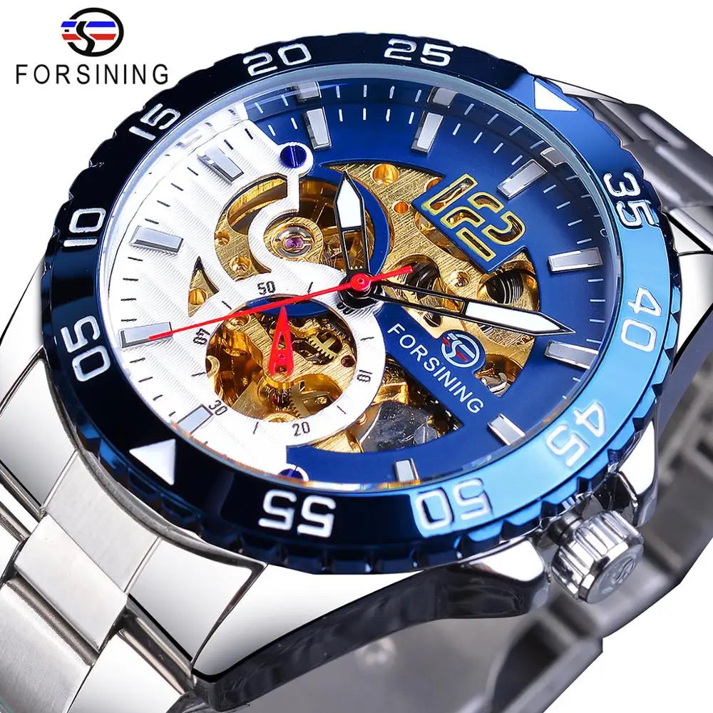 Forsining Luxury Automatic Stainless Steel Skeleton Watch for Men Blue Dial Waterproof Casual Male Clock Oval Case Pointer