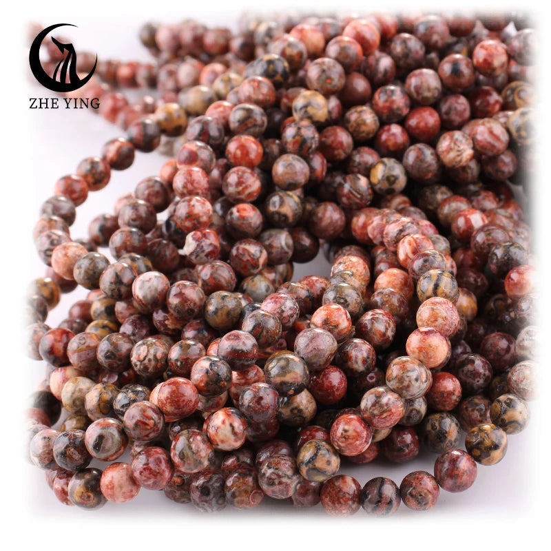 Zhe Ying 6/8/10mm Red Leopard jasper Beads Yellow Bracelet Natural Stone Beads for Jewelry Making Natural Ryolite Beads