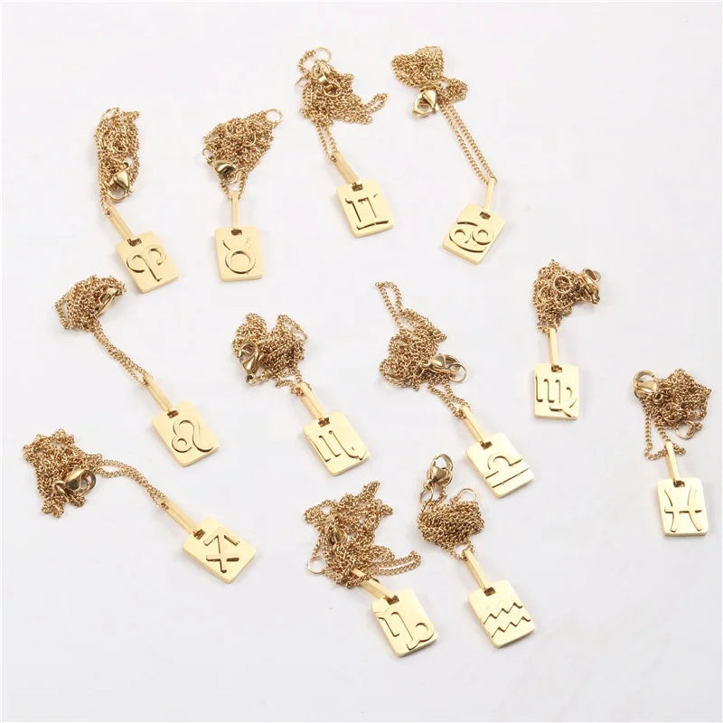 Simple 18k Gold Plated Stainless Steel 12 Signs of Zodiac Pendant Necklace