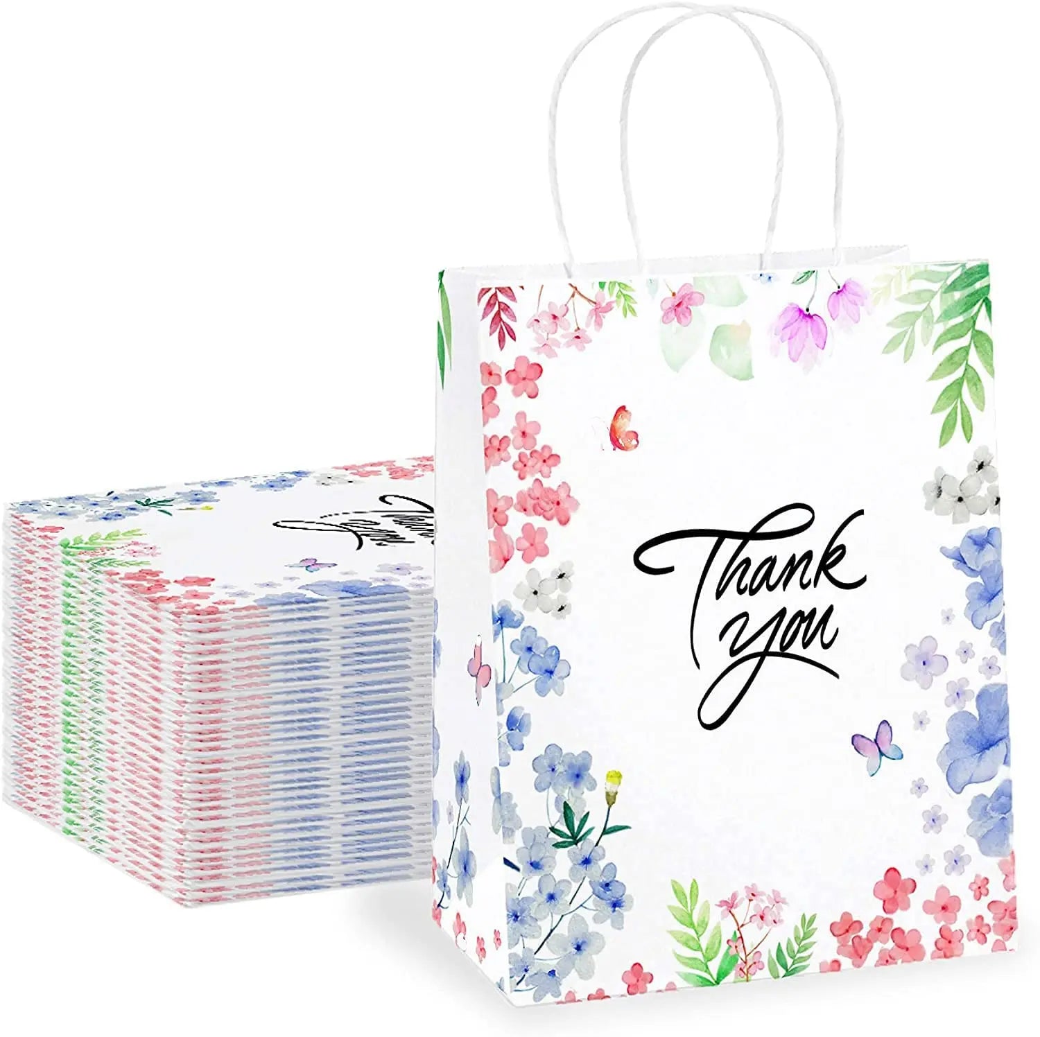 Floral Design Small Recycled Kraft Paper 'Thank You' Gift Bags Offset Printing Flexiloop for Promotion Business Boutique Gifts