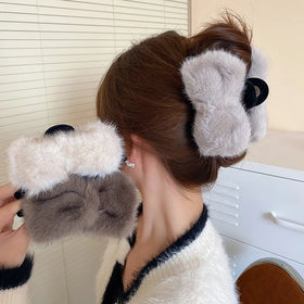 Mink Double-Sided Bow Hair Clip Large Soft Fur Hair Gripper Clip Ponytail Holder Shark Claw Clamp for Women Shark Clip
