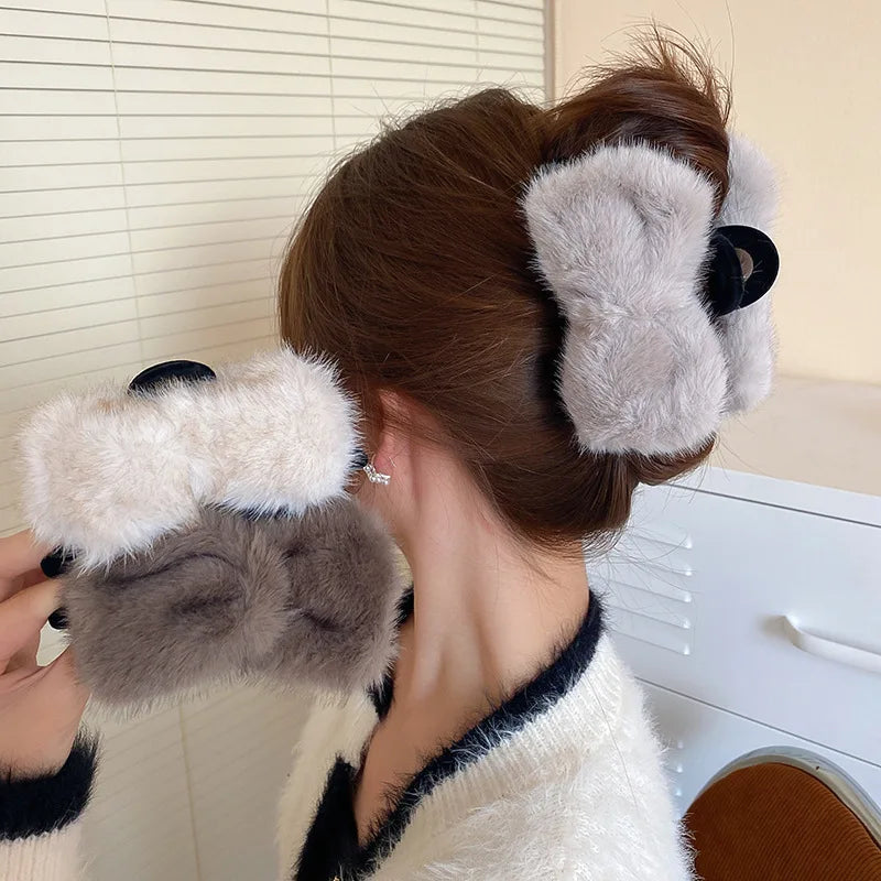 Mink Double-Sided Bow Hair Clip Large Soft Fur Hair Gripper Clip Ponytail Holder Shark Claw Clamp for Women Shark Clip