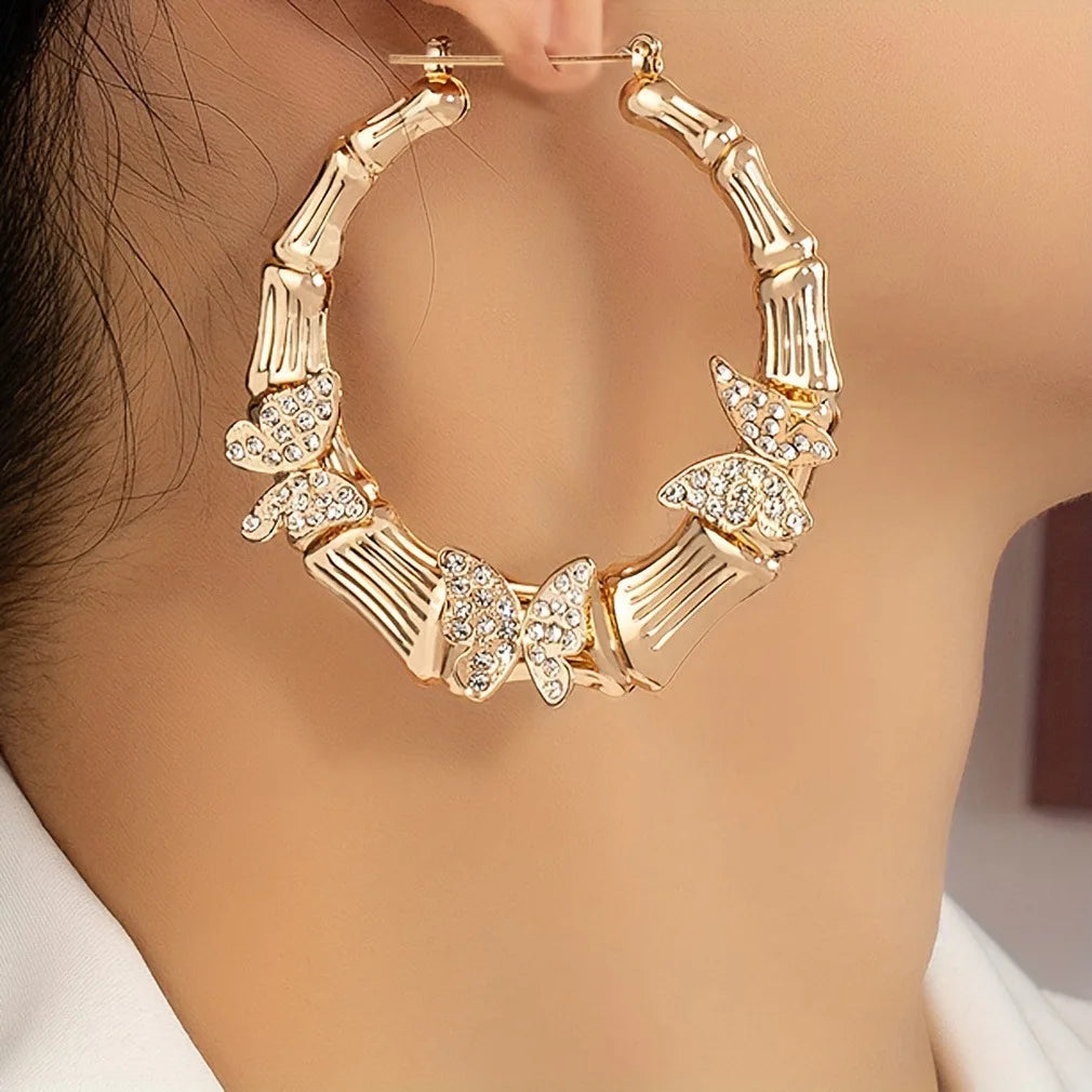 Round Circle Geometric Loop Earrings Hoop Earring with Crystal Butterflies Vintage-Inspired Chunky Butterfly Bamboo Hoop Earring