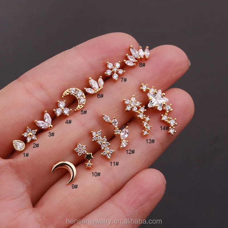 16G 925 Sterling Silver Gold Cartilage Earring Helix Piercing Jewelry Rook Conch Tragus Stud Auricle Jewellery