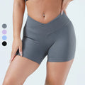 Custom Logo Women Crossover Biker Shorts No Front Seam V High Waist Tummy Control Seamless Yoga Workout Gym Ribbed Shorts
