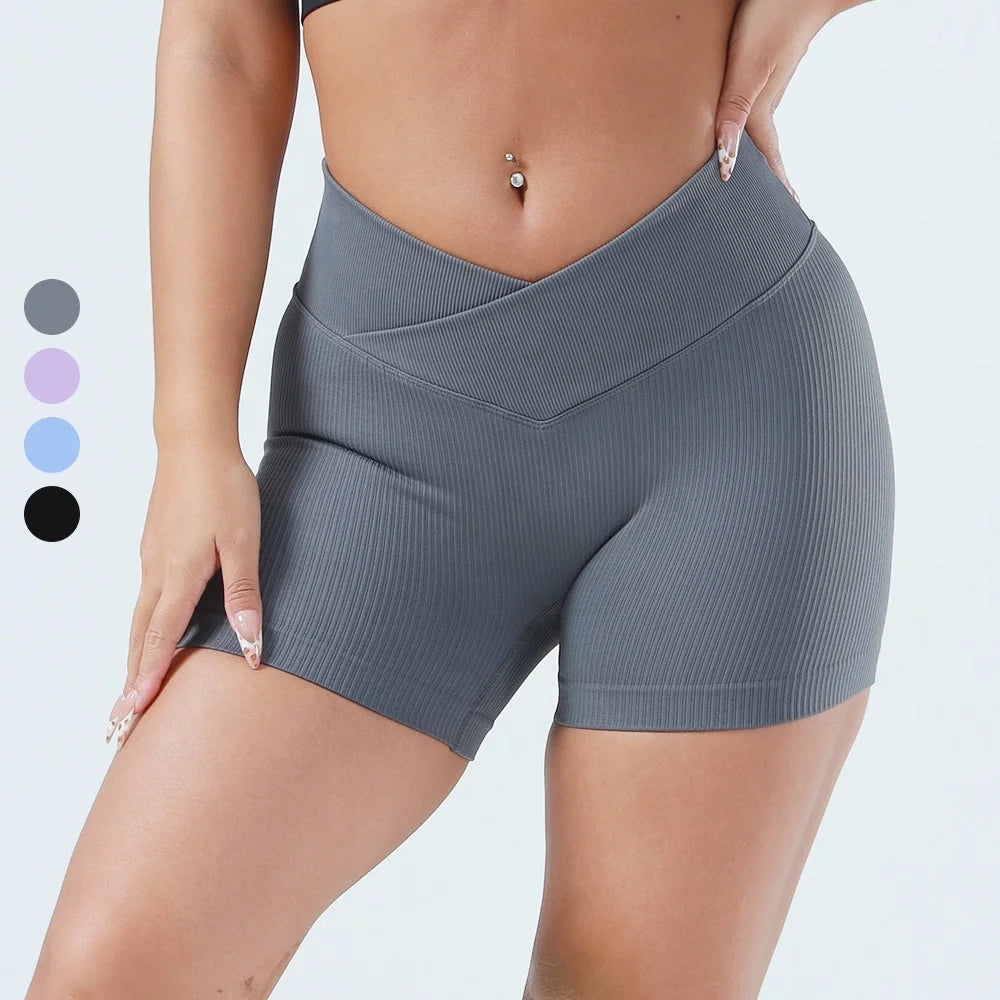 Custom Logo Women Crossover Biker Shorts No Front Seam V High Waist Tummy Control Seamless Yoga Workout Gym Ribbed Shorts