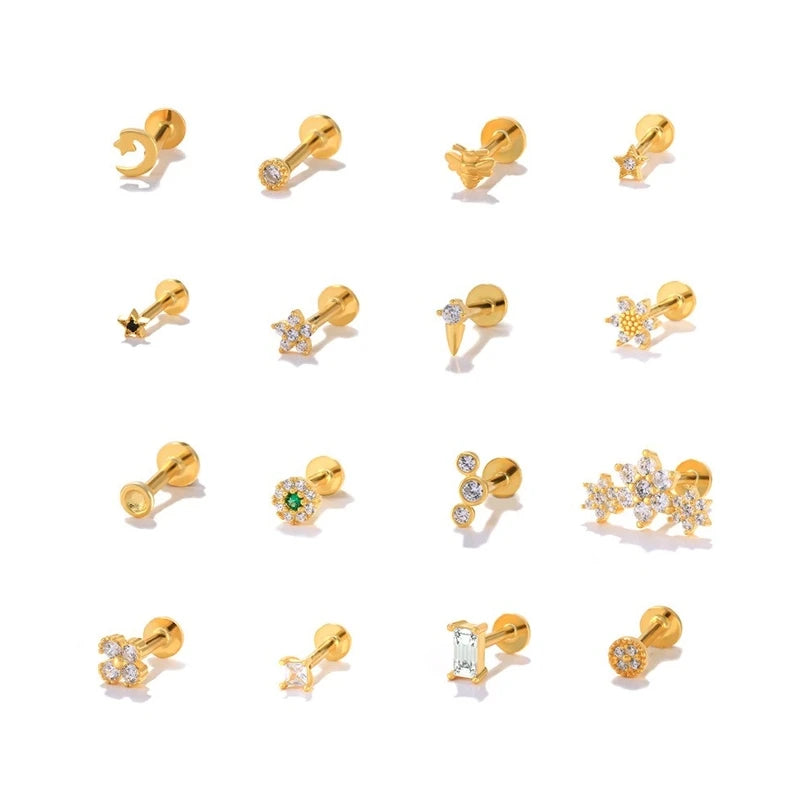 Melynn Flat Back Labret Piercing Stud 925 Serling Silver Zircon Paved Earrings Piercing Fashion Jewelry Piercing Jewelry
