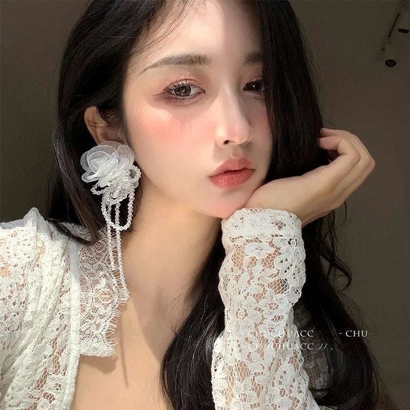 Exaggerated Large Mesh Flower Crystal Beaded Tassel Earrings French Fairy Holiday Style Long Earrings