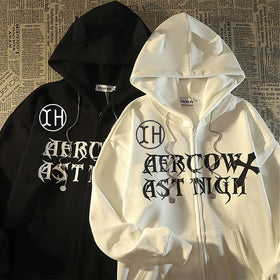 Manufacturers Custom Heavyweight Winged Demon Horn Autumn Print High Street Hip Hop Oversize Full Zip up Hoodies Men