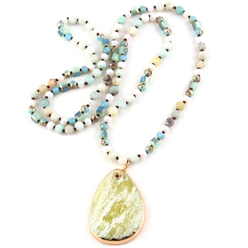 Fashion Women Natural Stone Crystal Beads Pic Jasper Amazonite Irregular Drop Pendant Necklace Western Jewelry