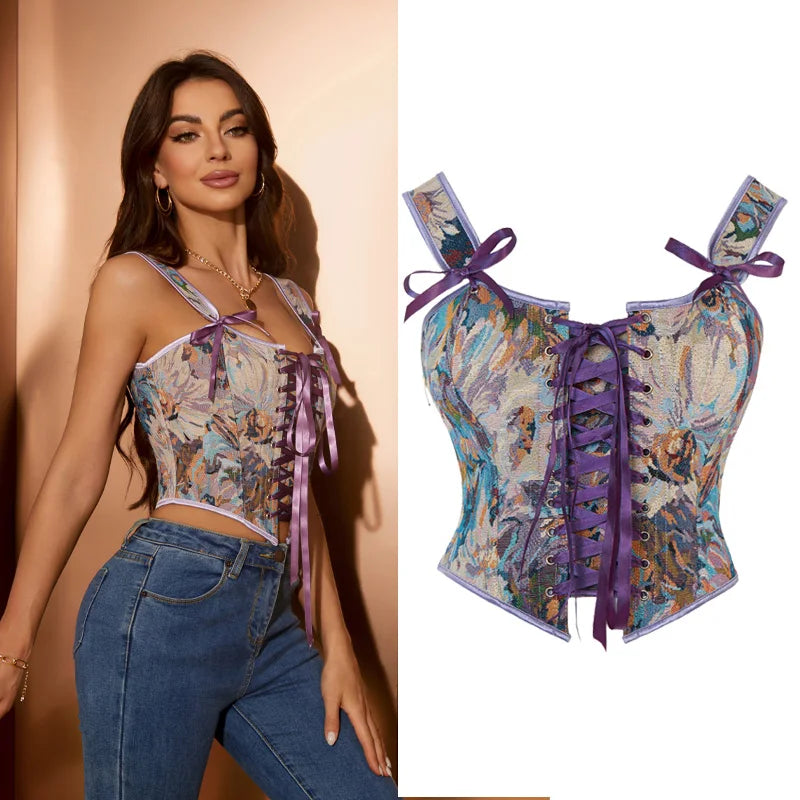 Renaissance Vintage Corset with Straps Women's Purple Shapewear with Side Zipper Bodice