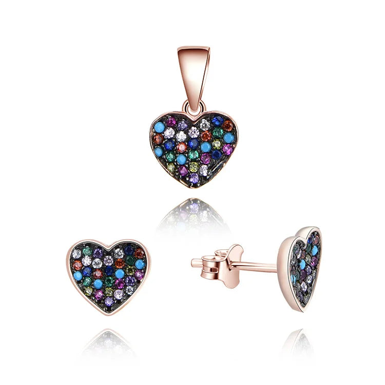Trendy 925 Sterling Silver 2 Tone Plated Jewelry Sets Aaa Cubic Zirconia Multicolored Stone Love Heart Shape Jewelry Set