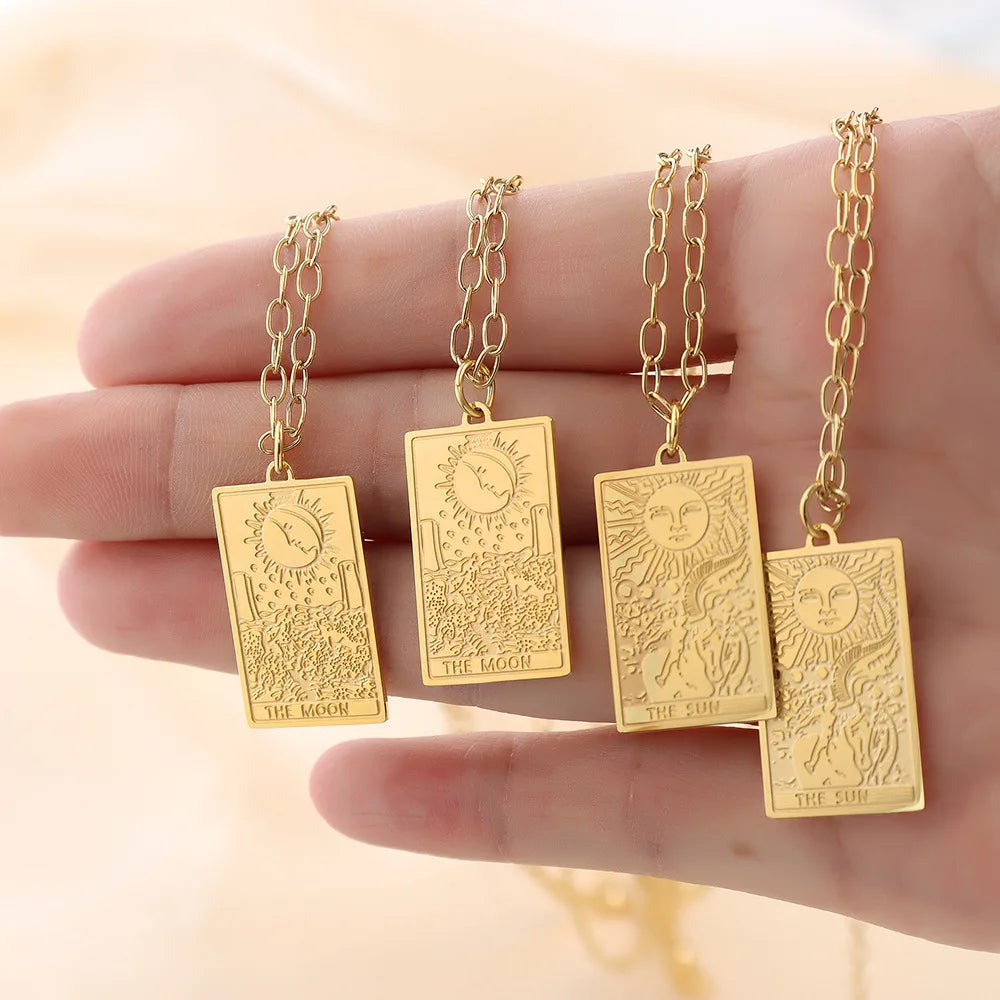 Waterproof Stainless Steel Jewelry Moon Square Pendant 18K Gold Plated Non Tarnish Women Necklace