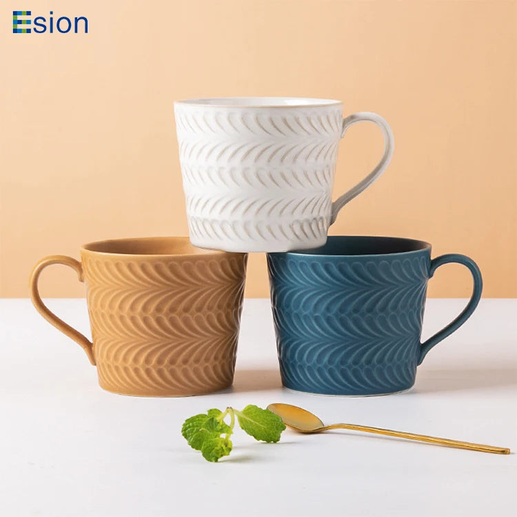 2026 Wholesale European Style Retro Handmade Embossed Color Ceramic Mugs Coffee Cups Set Milk Mug