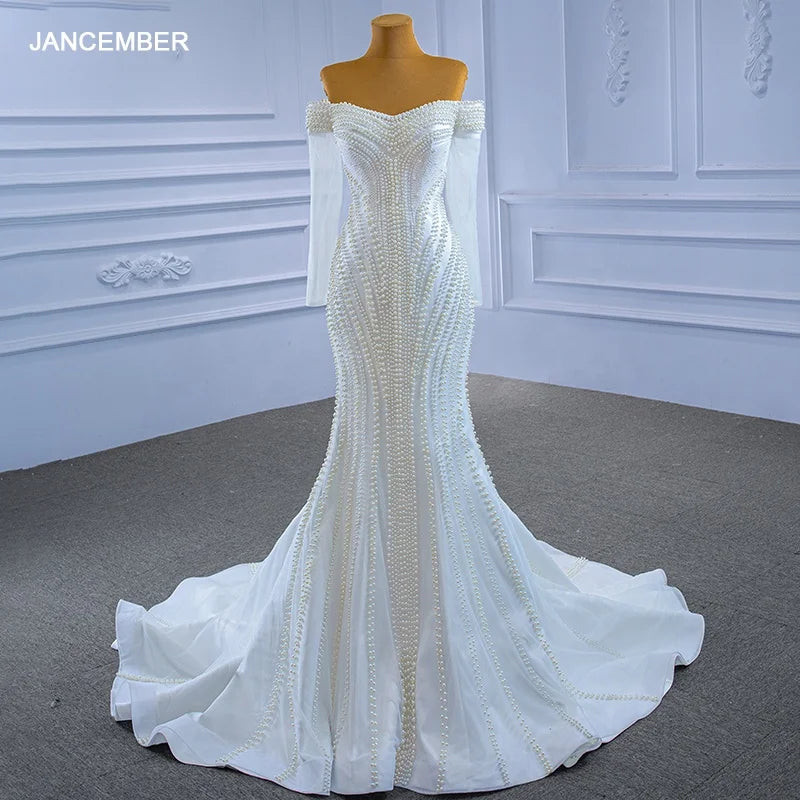 Jancember RSM67314 Ladies White Fashion Lace Beaded Mermaid Bridal Wedding Dress