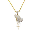 Dainty New Iced Out Cubic Zirconia Stones Parying Prayer Hands Pendant Rosary Cross Pendant Necklace