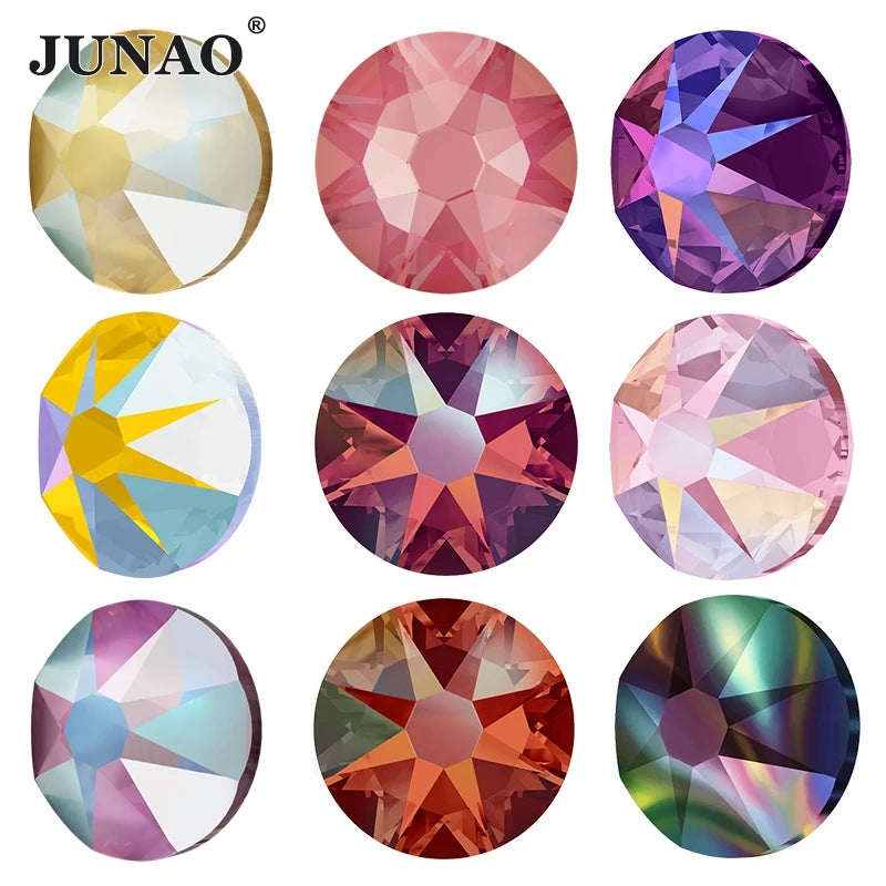 JUNAO SS6-SS40 8 Big 8 Small 16 Cut Facets AB Glass Crystal Strass Flatback Hotfix Rhinestones for Jewelry
