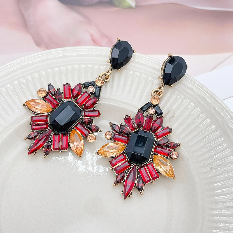 Statement Multi Color Glass Crystal Square Drop Earrings Rhinestone Geometric Chandelier Earrings Women 2023