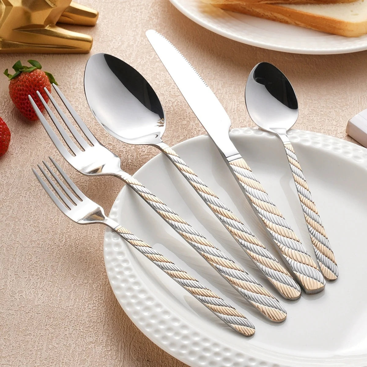 Wholesale Reusable Stainless Steel Western Steak Knife Fork Spoon Set Black Hemp Rope Relief Pattern Modern Handle Tableware