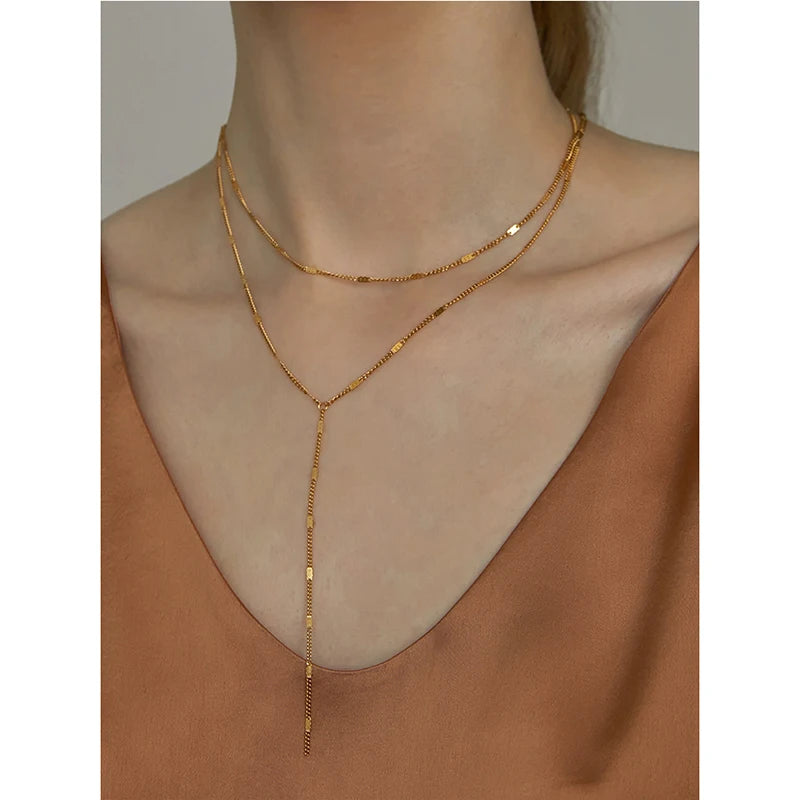 2022 New Double Layered Y Chain Choker Necklace Stainless Steel Shiny Water Wave Chain Necklaces Women Plain Minimalist Jewelry