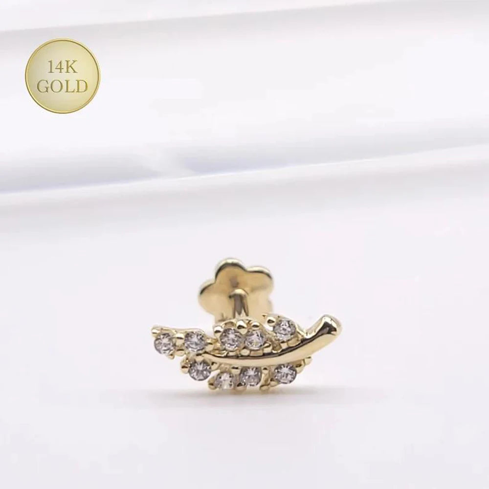 Lotus Wholesale 9K 14K 18K Real Solid Gold Zircon Leaf Internally Threaded Screws Earring Studs Helix Fine Piercing Jewelry