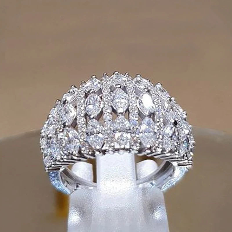 CAOSHI Luxury Full Bling Iced Out CZ Rings for Women Platinum Color Wide Band Bridal Wedding Finger Diamond Rings