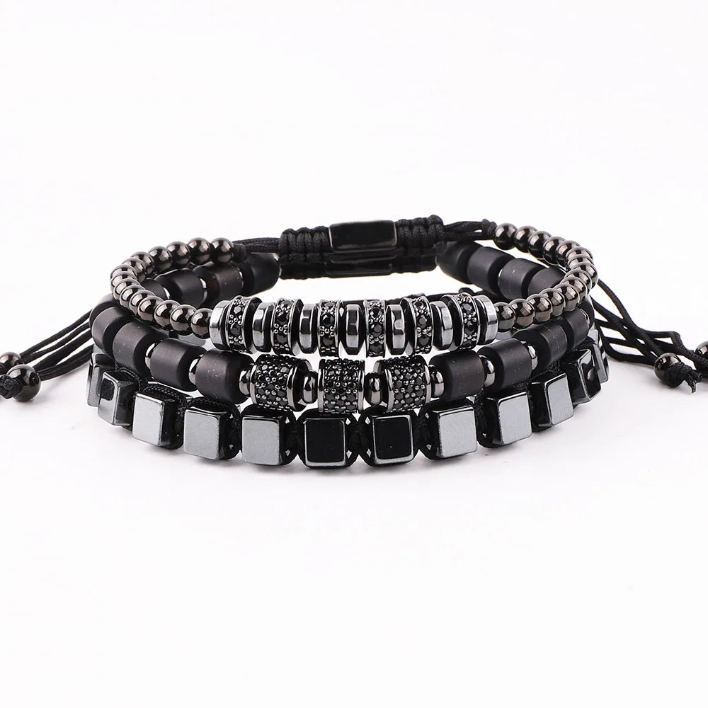New Fashion Natural Stone Gemstone Bead Square Stainless Steel Men Macrame Bracelet Set JBS12384